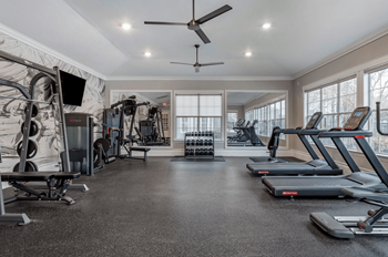 A spacious gym with treadmills, elliptical machines, and a television
